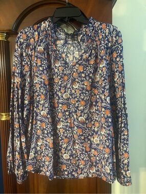 Grace Navy Floral Peasant Blouse with Orange & Cream Accents